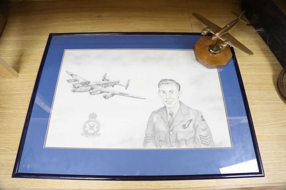 Royal Airforce Interest: A bronze model of a Beau Fighter, a framed drawing of a royal engineer and a badge and a Lancaster bomber